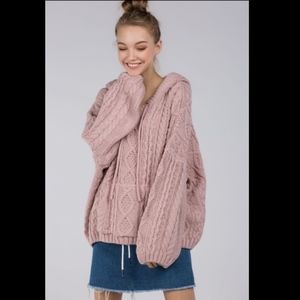 Chunky oversized dusty mauve pink cable knit pullover hoodie